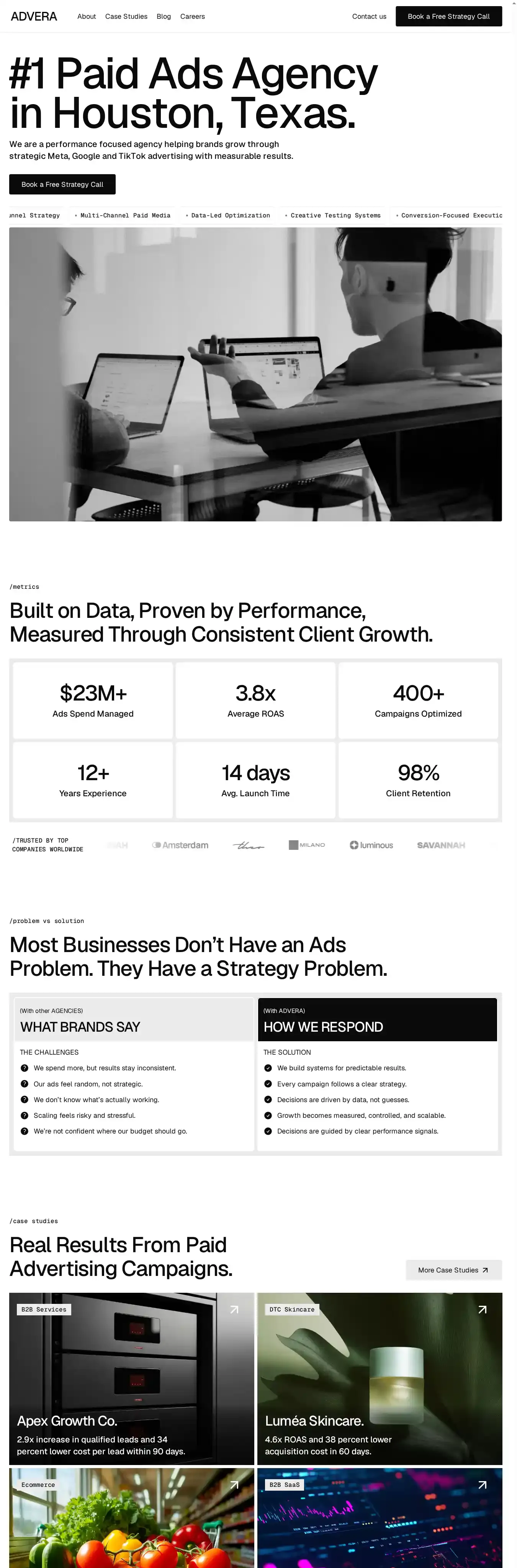 Advera home page on desktop