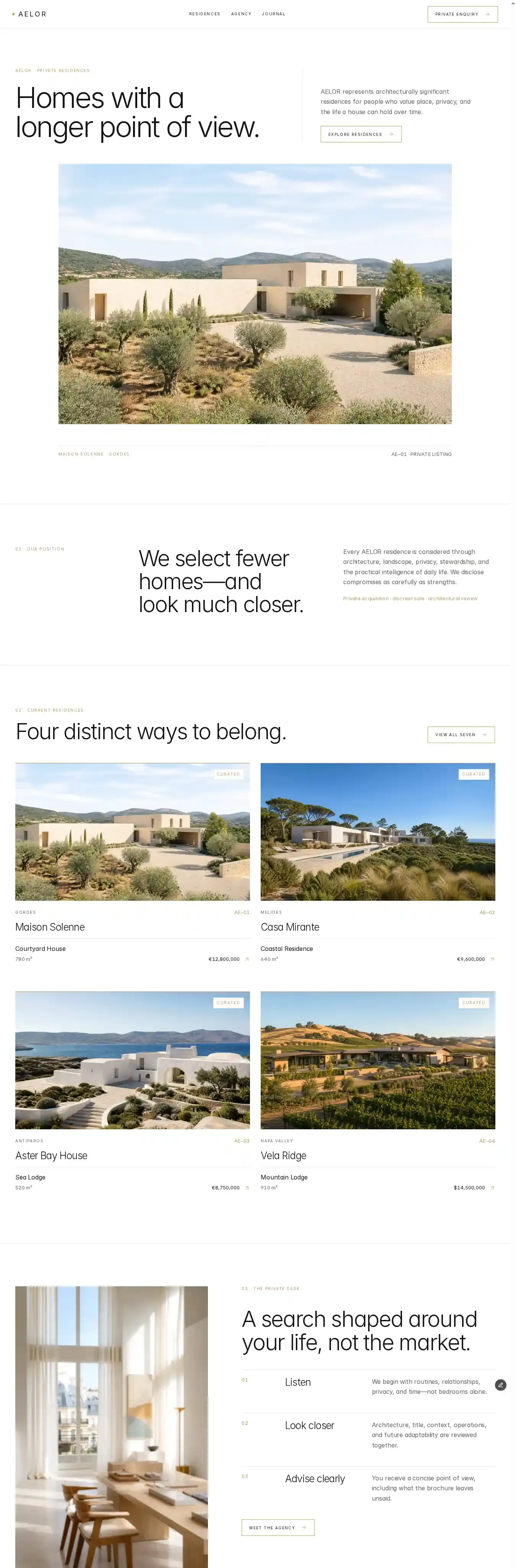AELOR home page on desktop