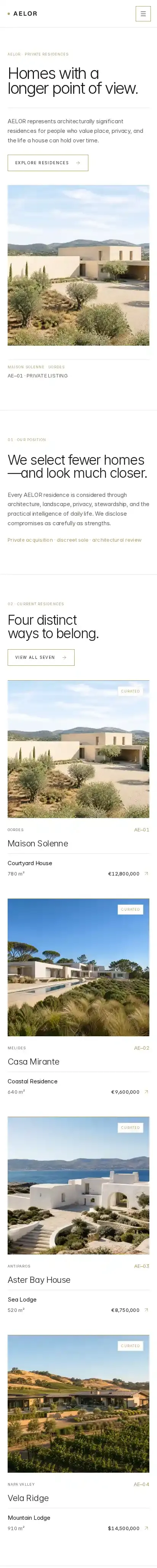AELOR home page on mobile
