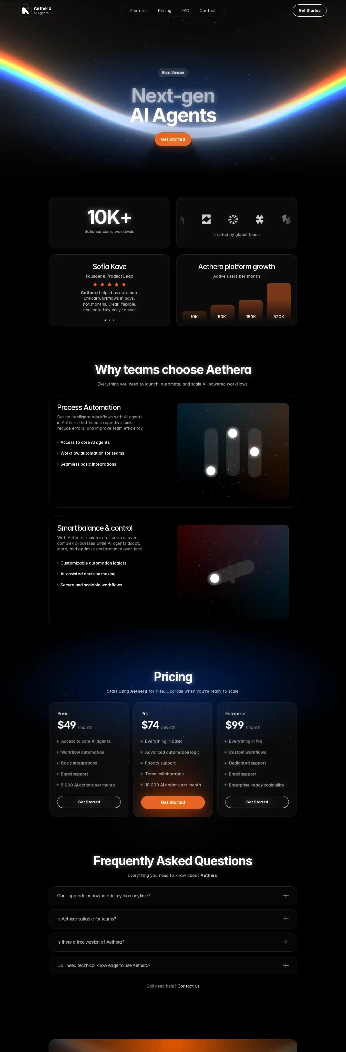 Aethera home page on desktop