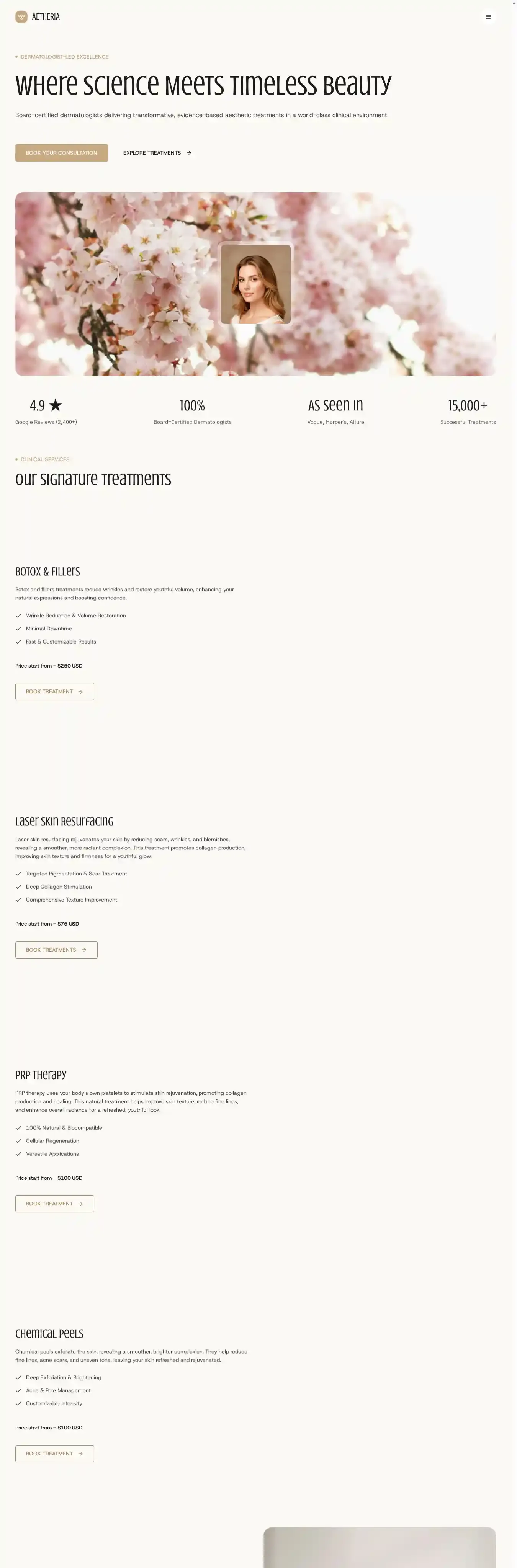 AETHERIA Clinics home page on desktop