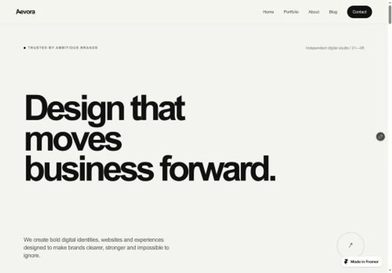 Aevora Studio home page on desktop