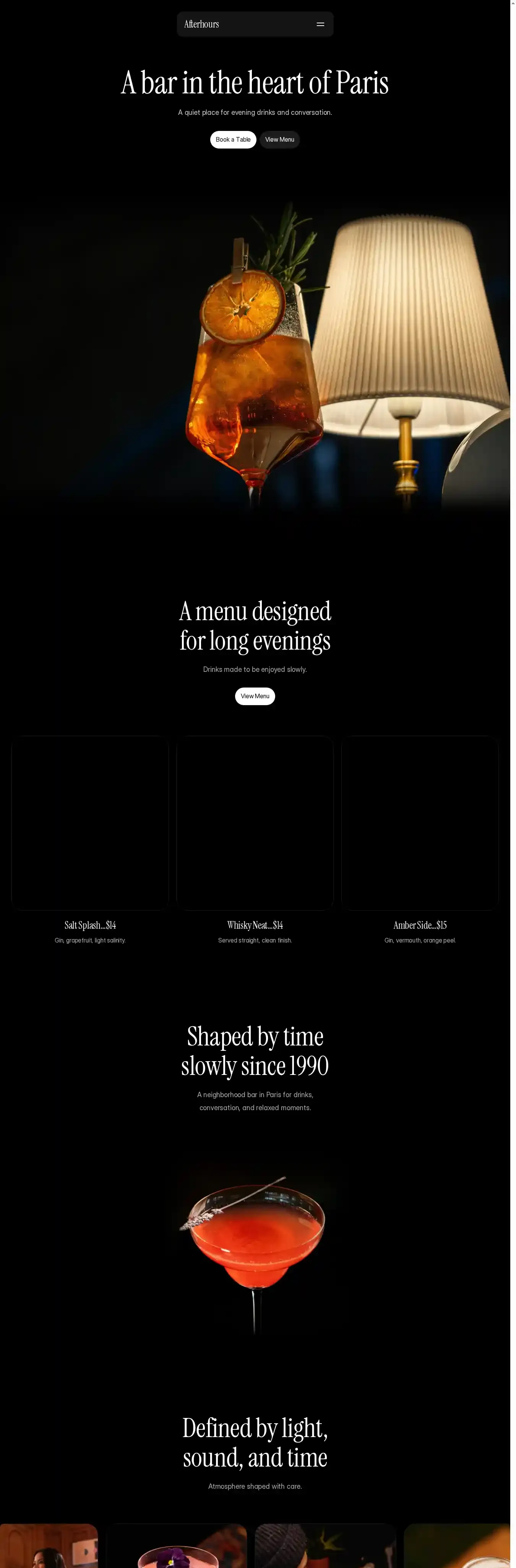 Afterhours home page on desktop