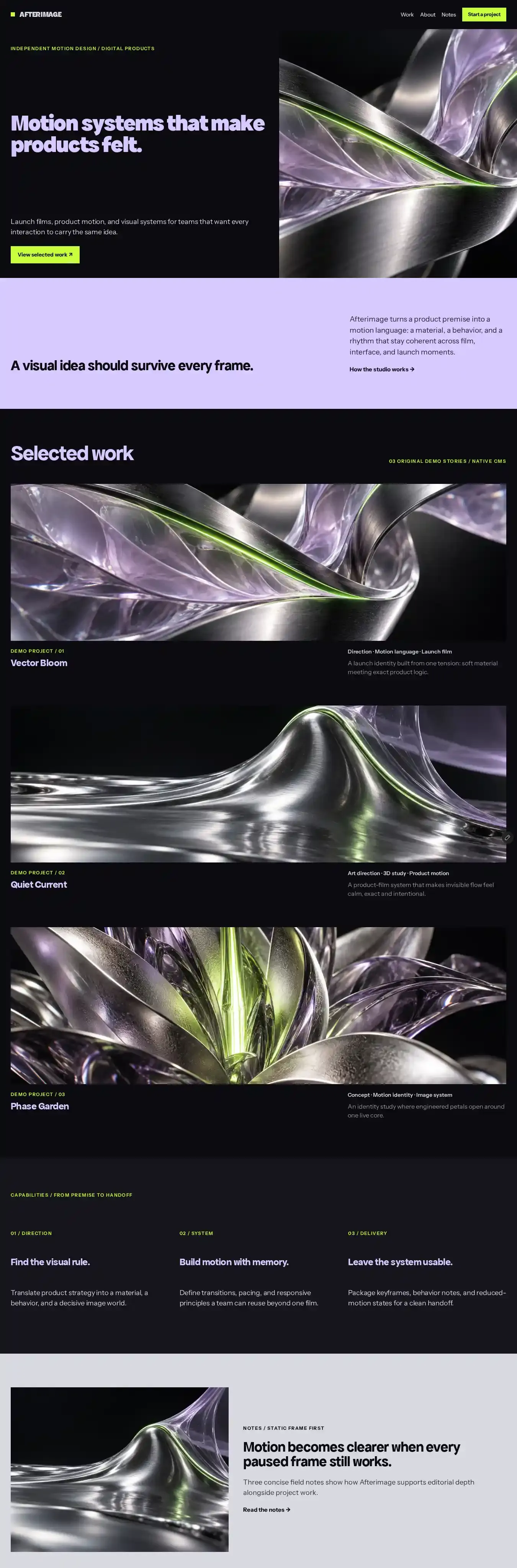 Afterimage home page on desktop