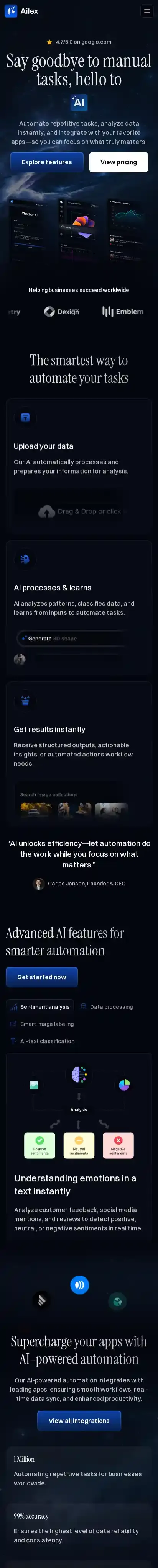Ailex home page on mobile