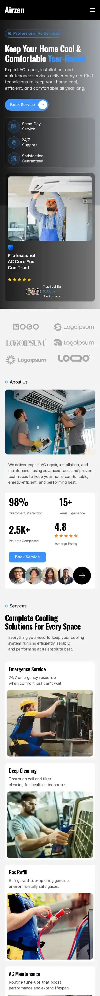 Airzen home page on mobile