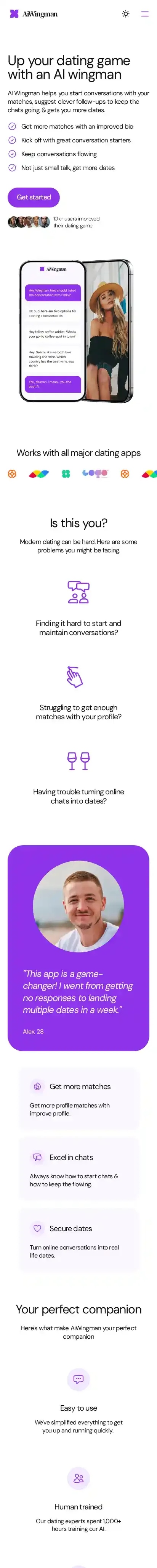 AiWingman home page on mobile