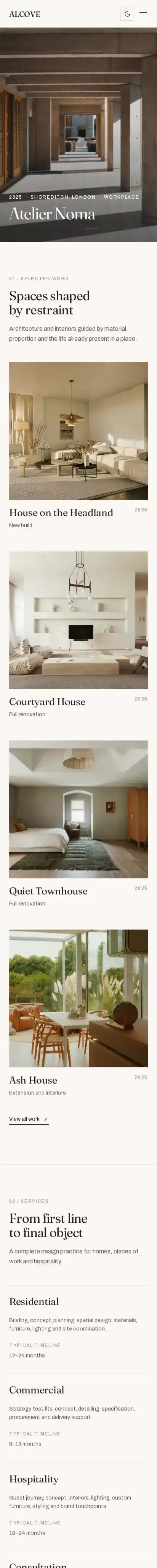 Alcove home page on mobile