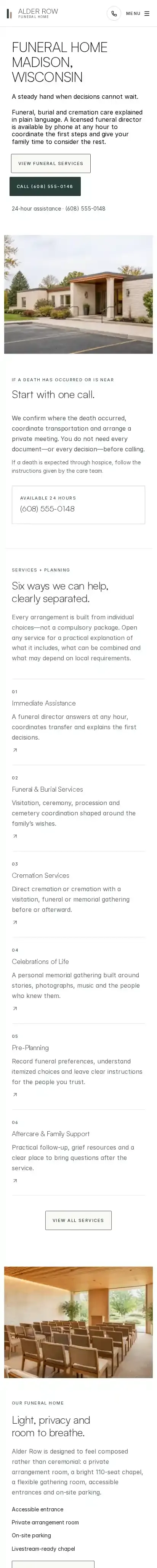 ALDER ROW home page on mobile