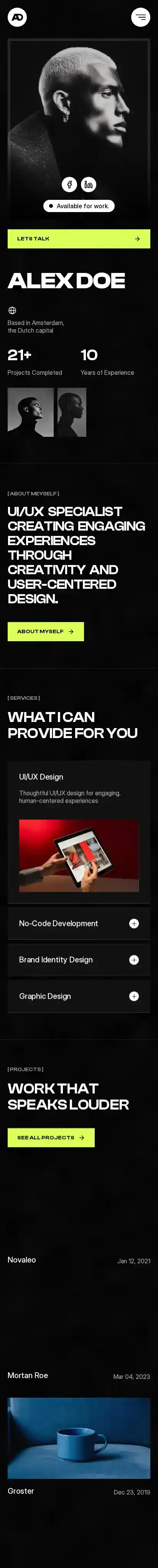 Alex Doe home page on mobile