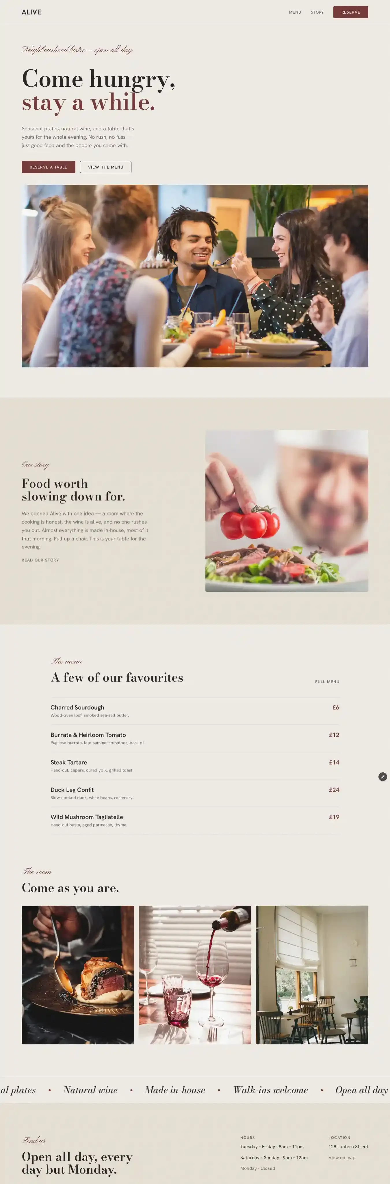 Alive Café & Bistro home page on desktop