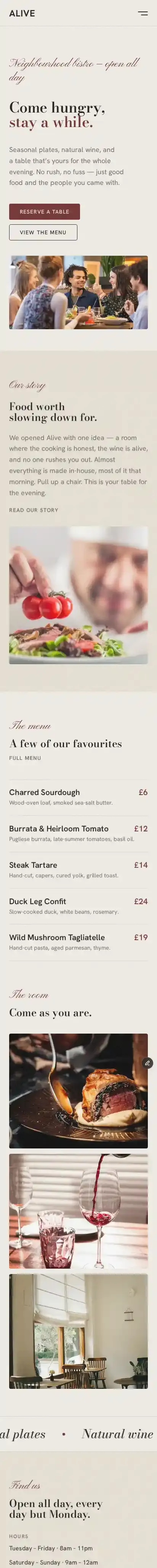 Alive Café & Bistro home page on mobile