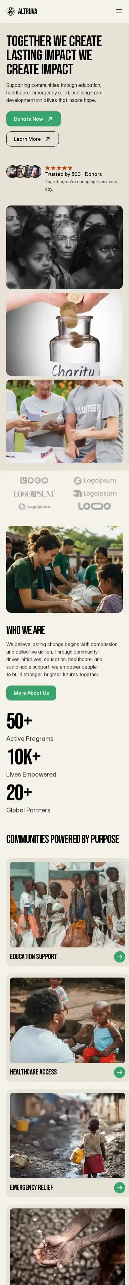 Altruva home page on mobile