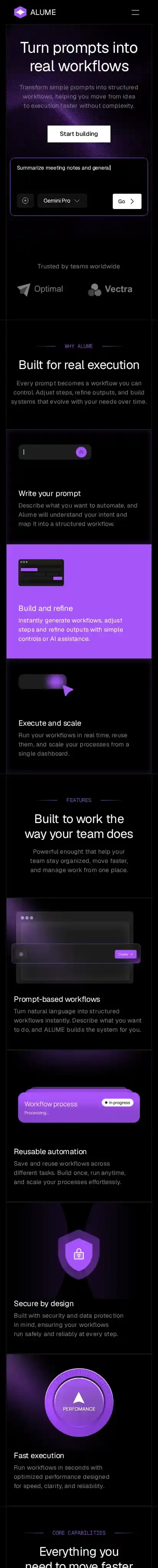ALUME home page on mobile