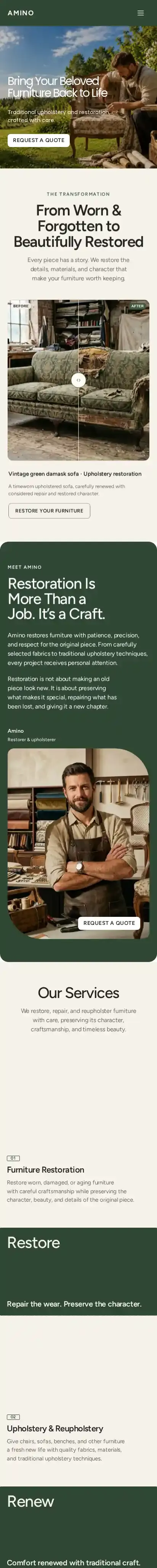 AMINO Furniture home page on mobile