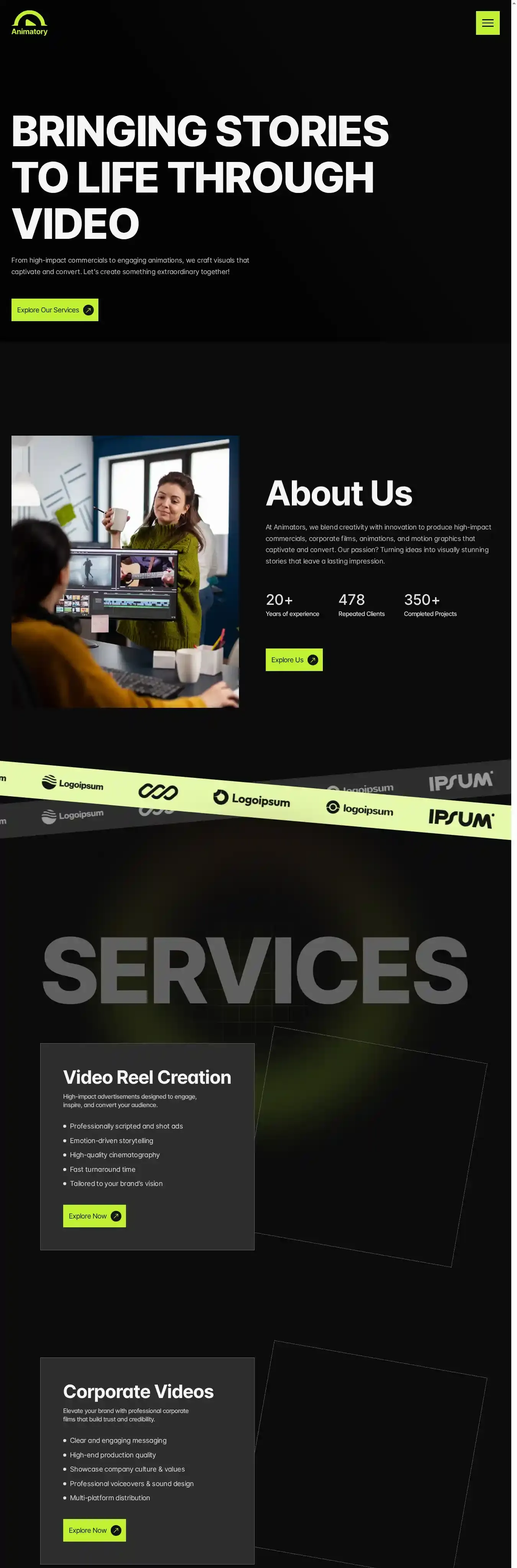 Animatory home page on desktop