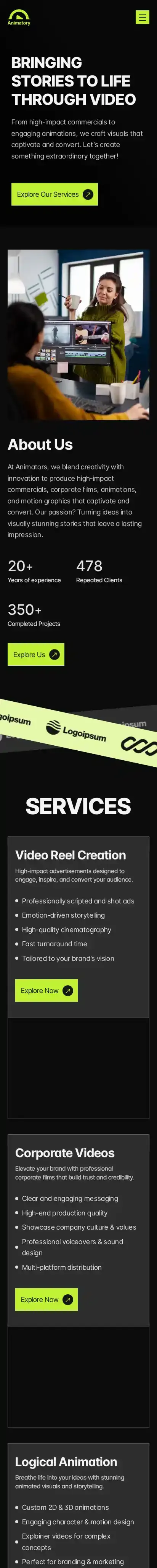 Animatory home page on mobile