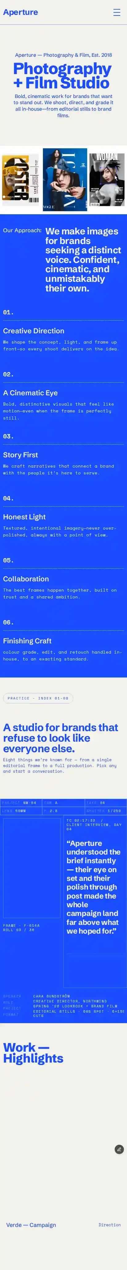 Aperture Studio home page on mobile