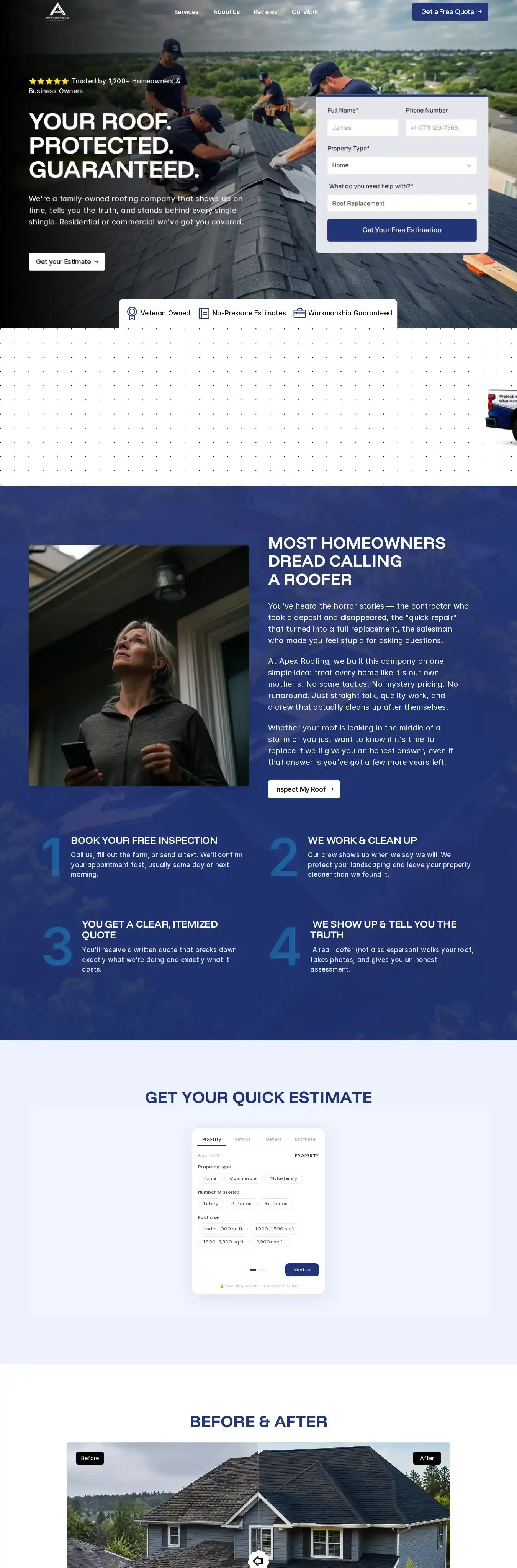 Apex Roofing home page on desktop