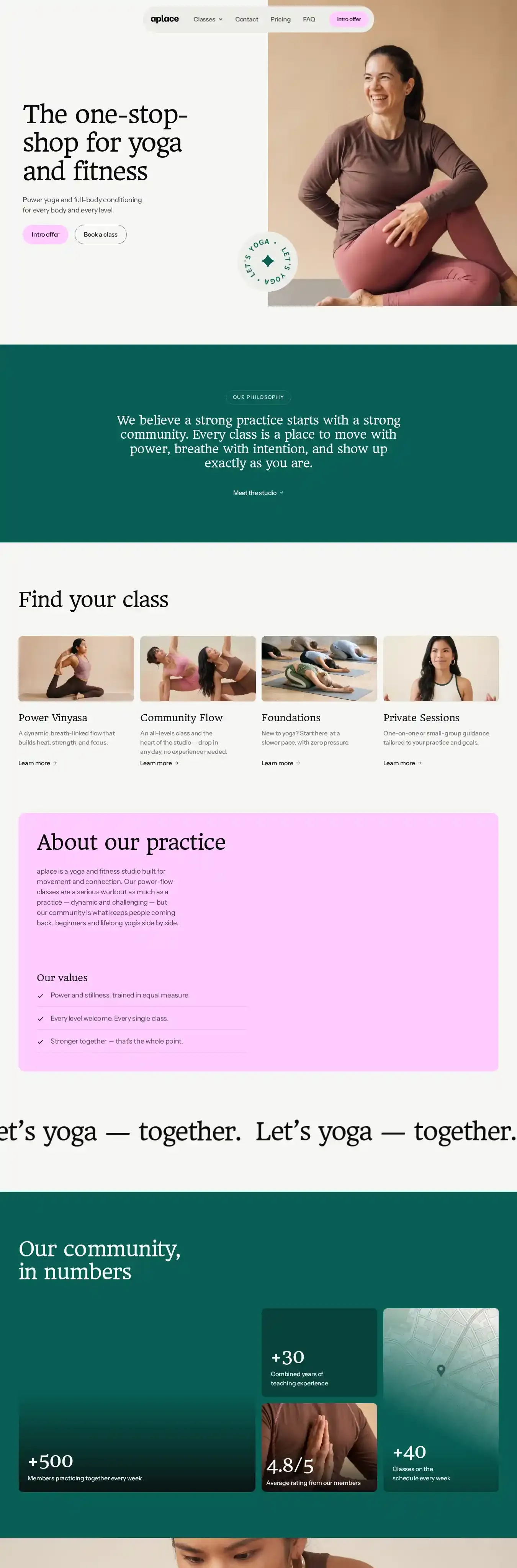 Aplace Yoga Fitness home page on desktop