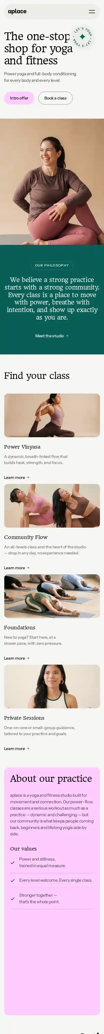 Aplace Yoga Fitness home page on mobile