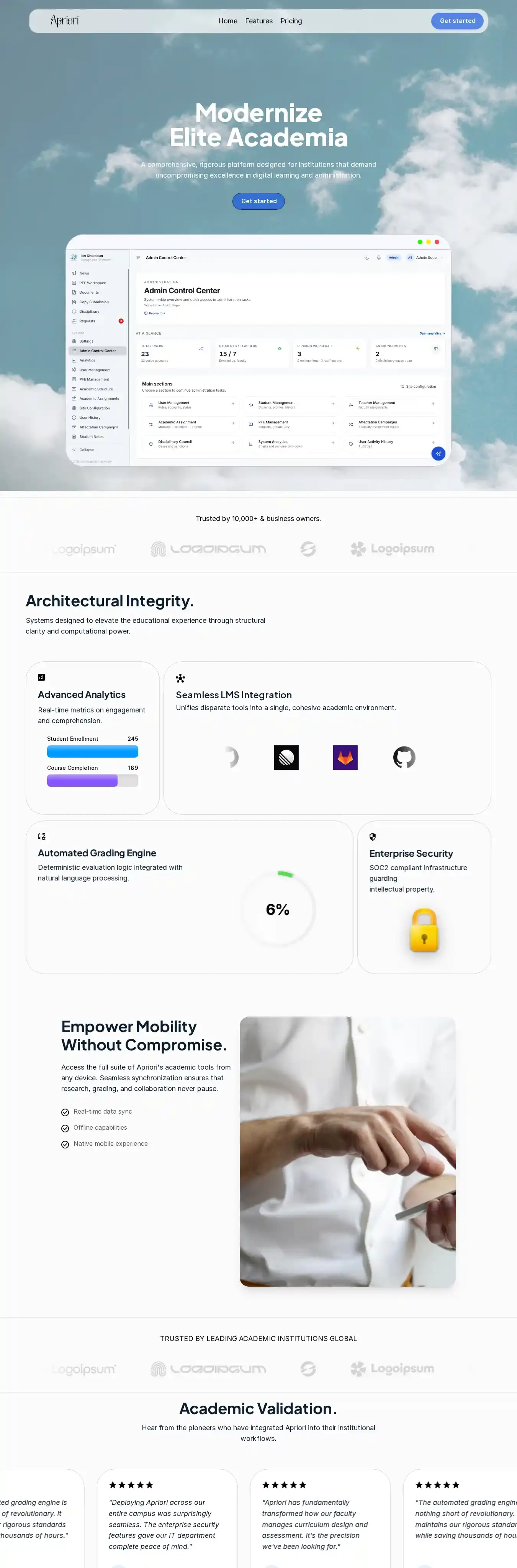 Apriori home page on desktop