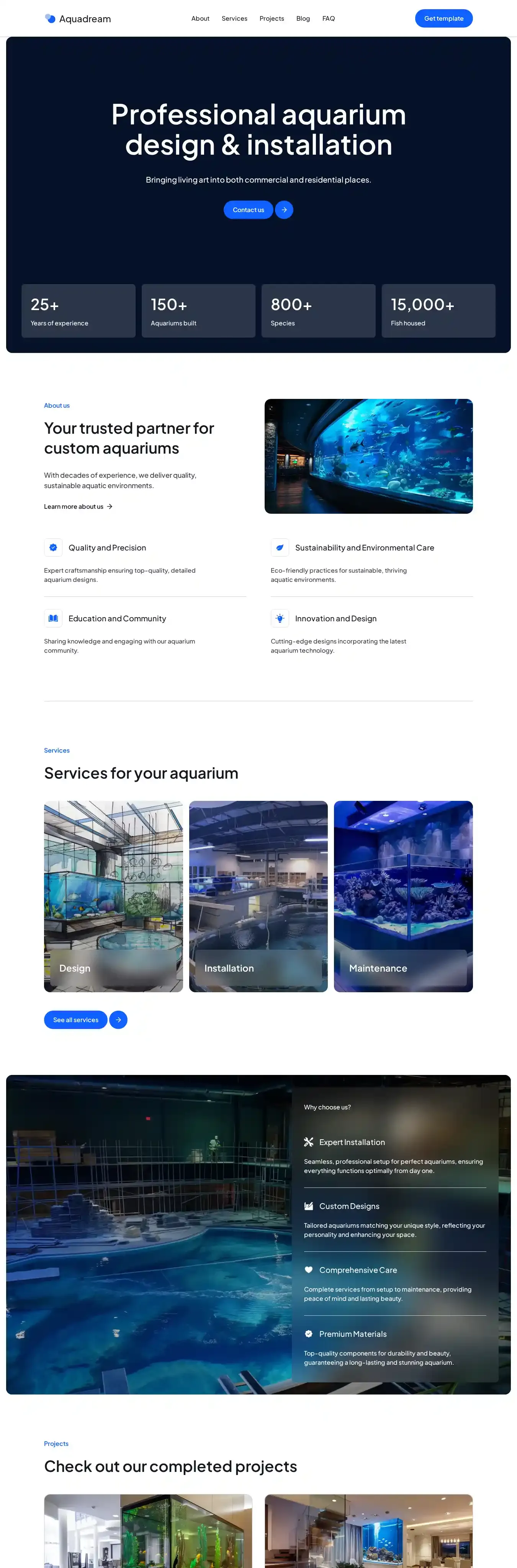 Aquadream home page on desktop