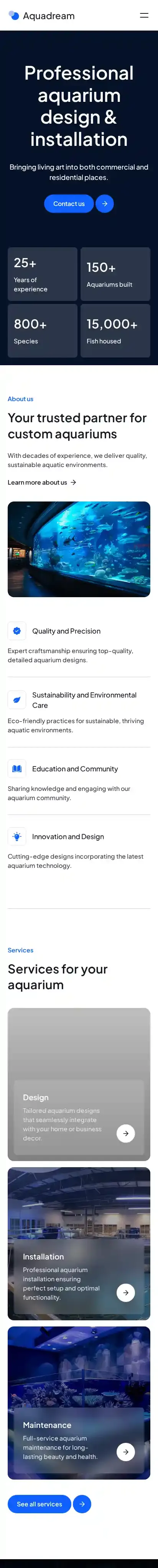 Aquadream home page on mobile