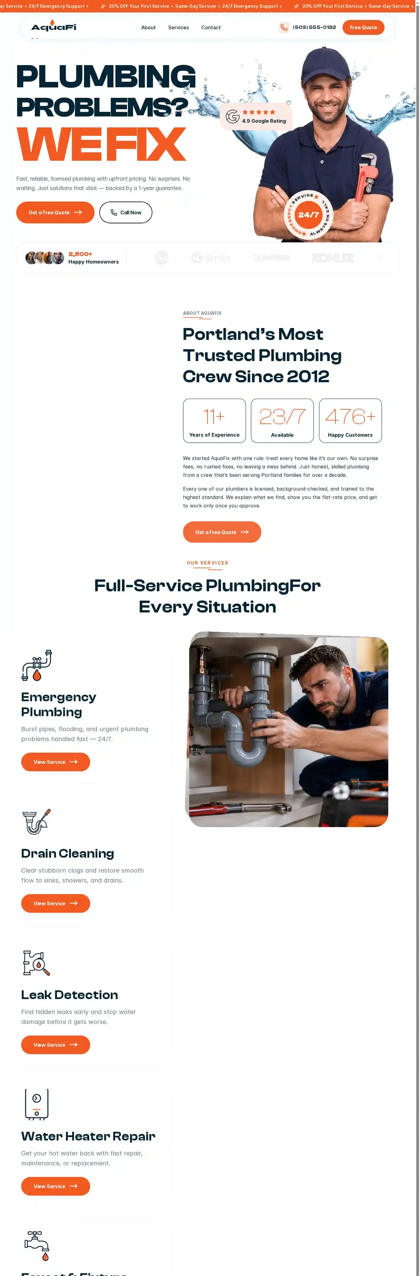 AquaFix — Plumbing home page on desktop