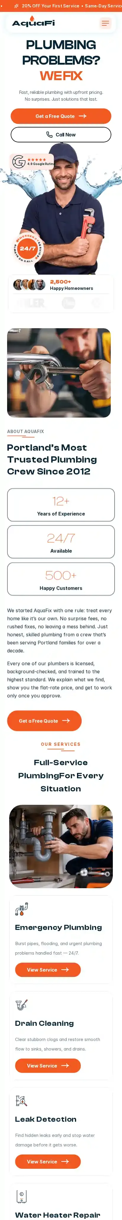 AquaFix — Plumbing home page on mobile