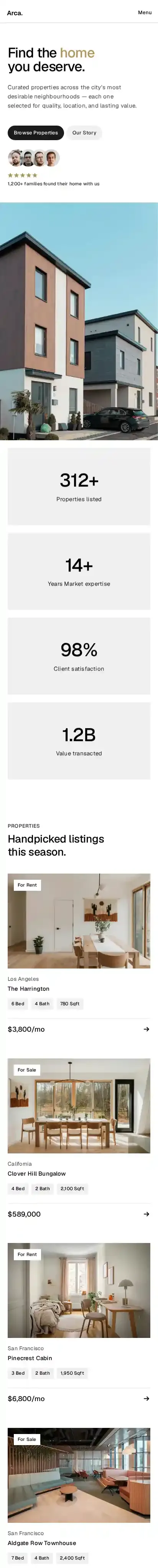 Arca home page on mobile