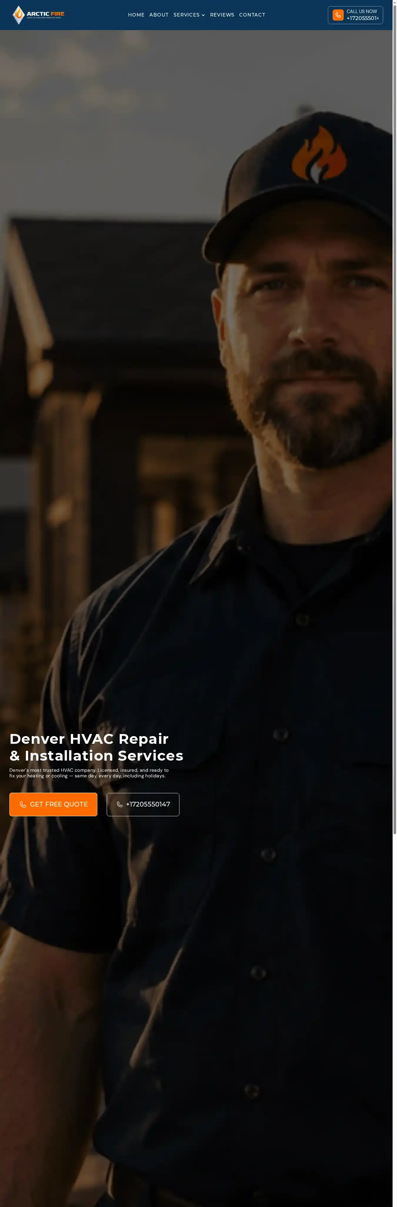 ArcticFire HVAC home page on desktop