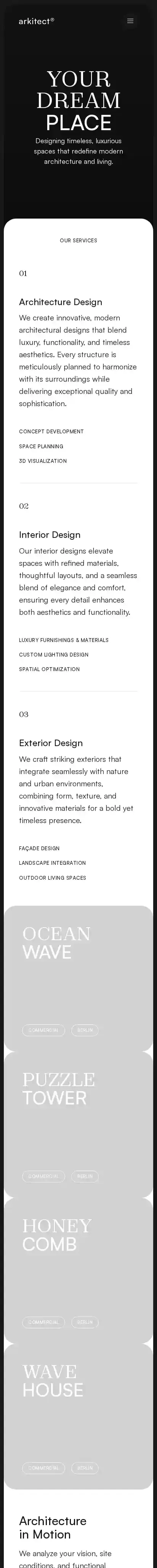 Arkitect home page on mobile