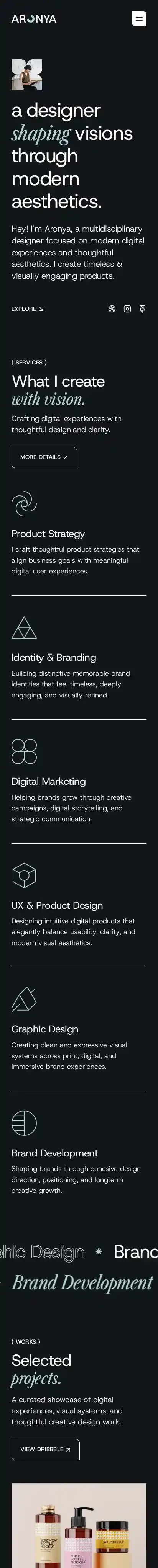 Aronya home page on mobile