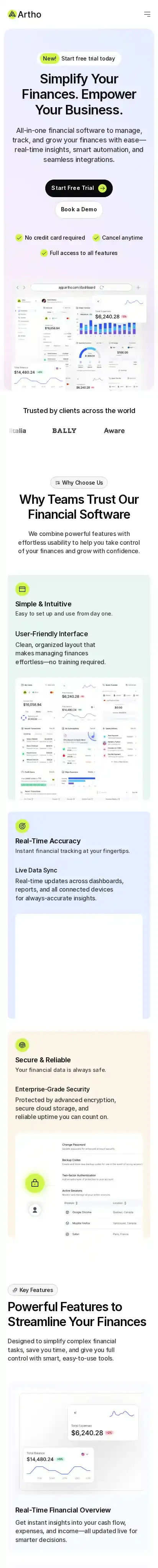 Artho home page on mobile