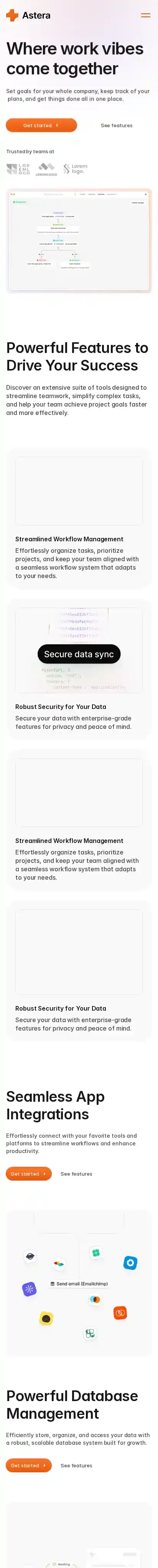 Astera home page on mobile