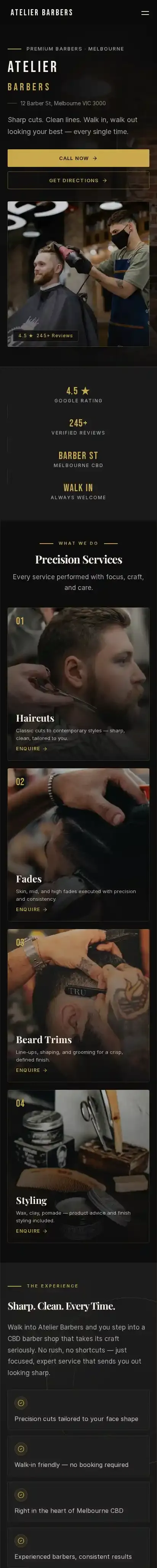 Atelier Barbers home page on mobile