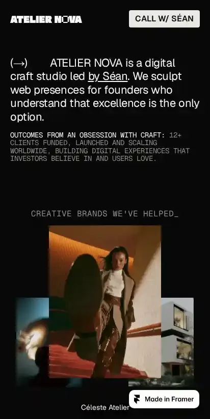 ATELIER NOVA home page on mobile
