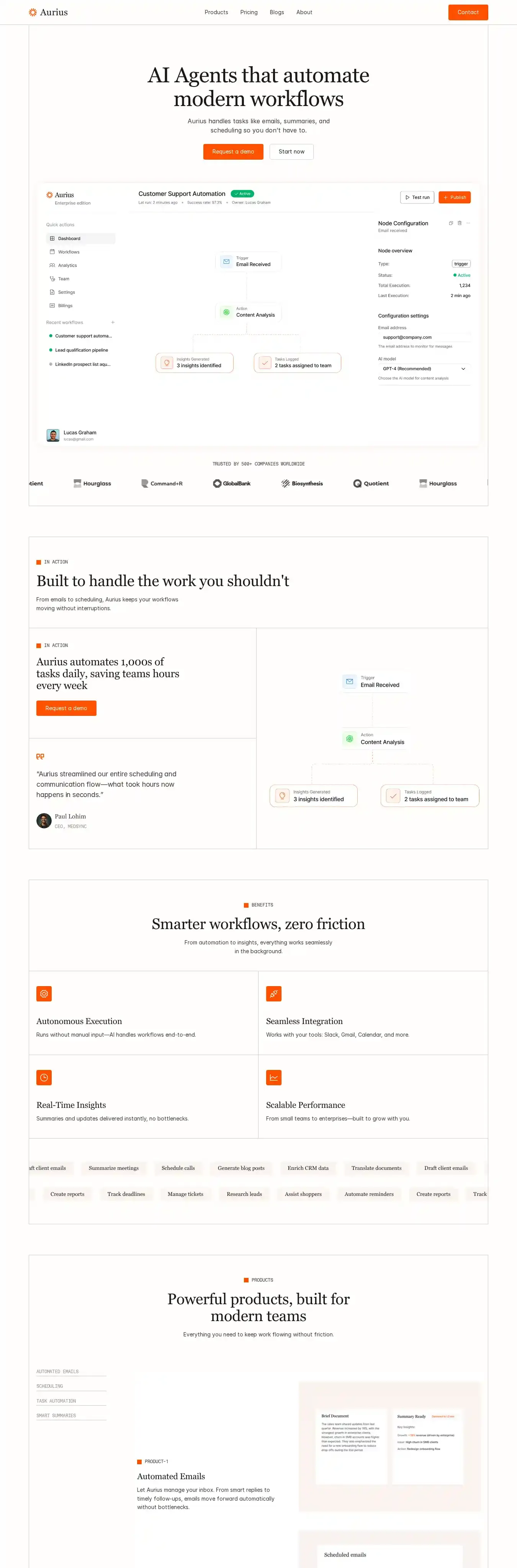 Aurius home page on desktop