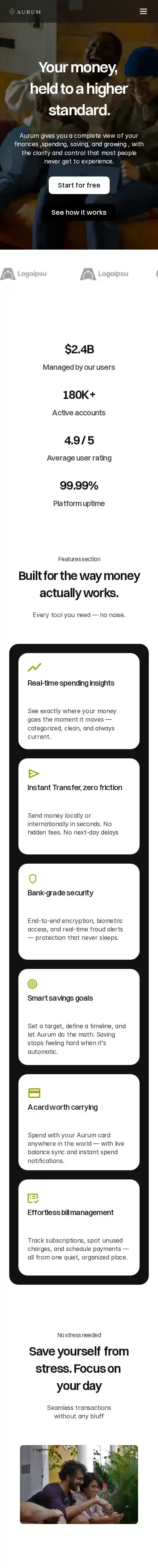 Aurum home page on mobile