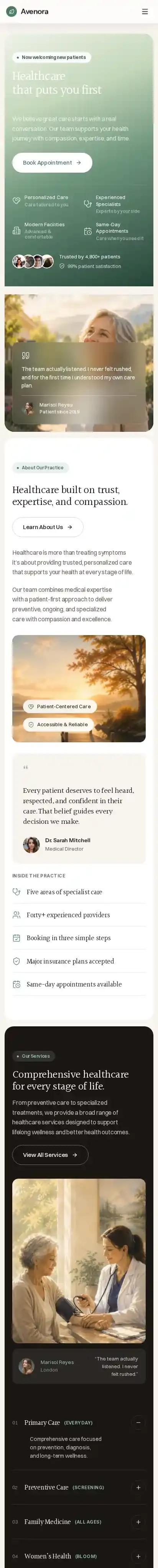 Avenora home page on mobile