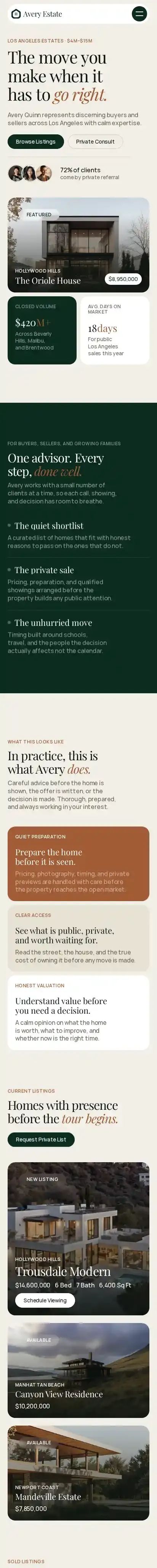 Avery Estate home page on mobile