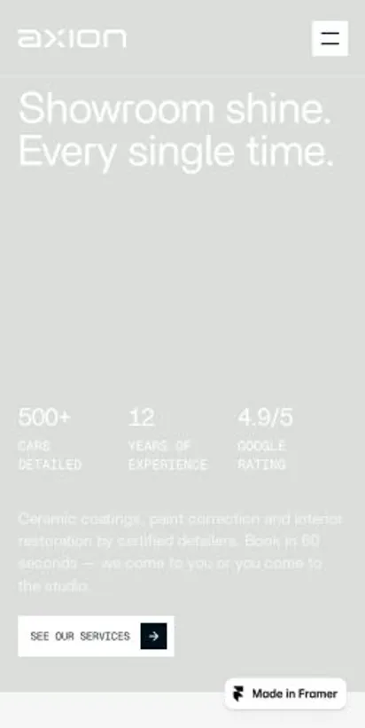 Axion Detailing home page on mobile