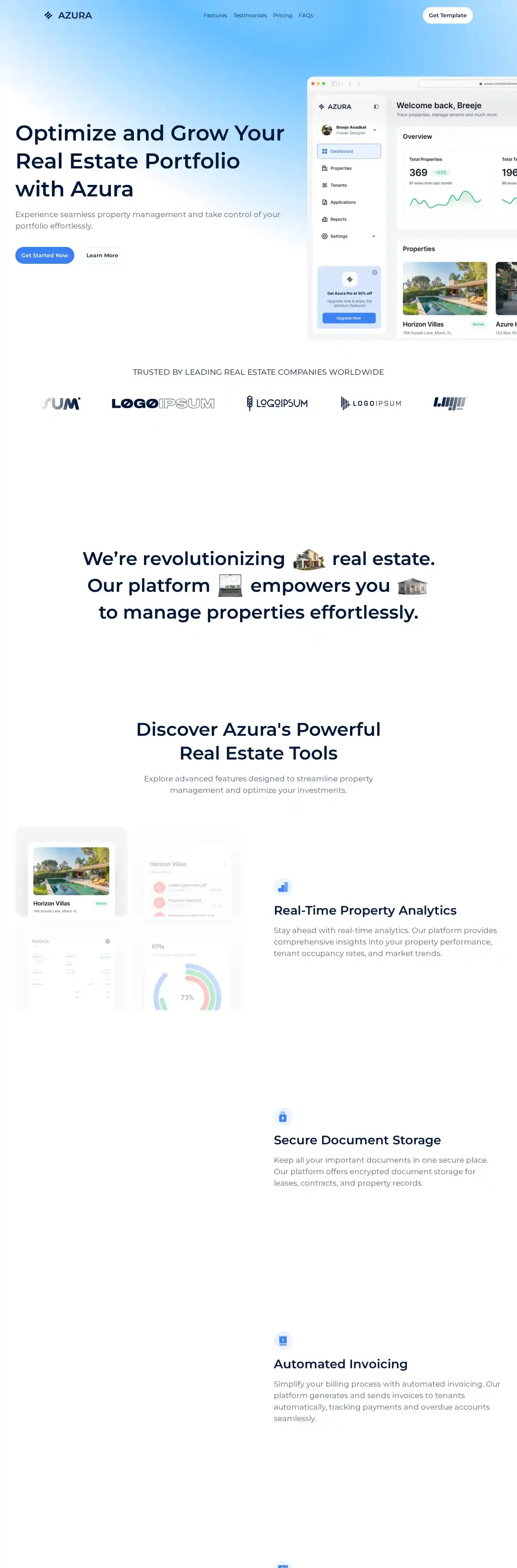Azura home page on desktop