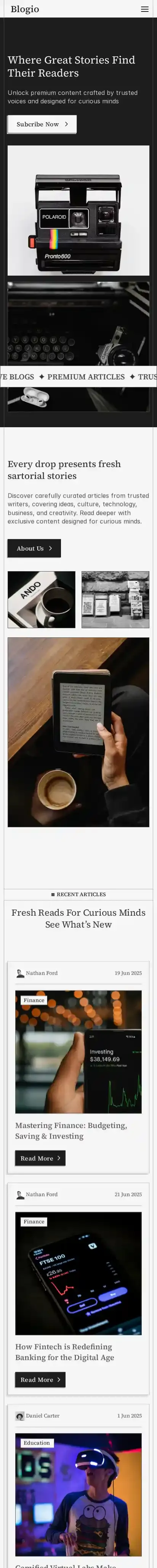 Blogio home page on mobile