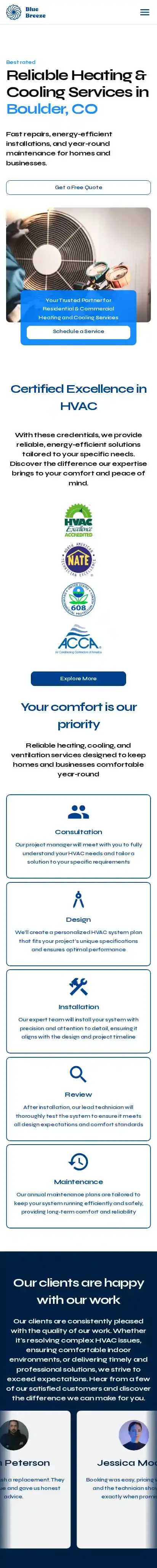 BlueBreeze HVAC home page on mobile