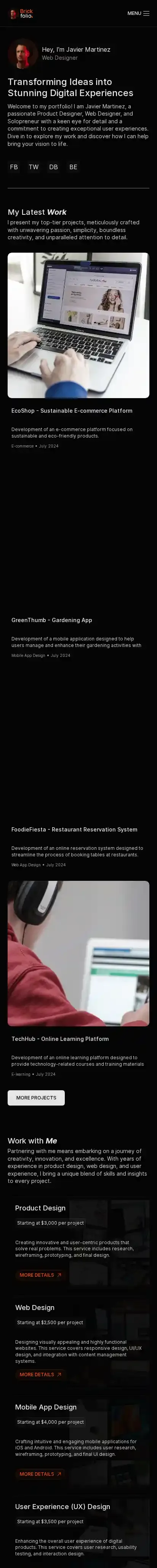 Brickfolio home page on mobile