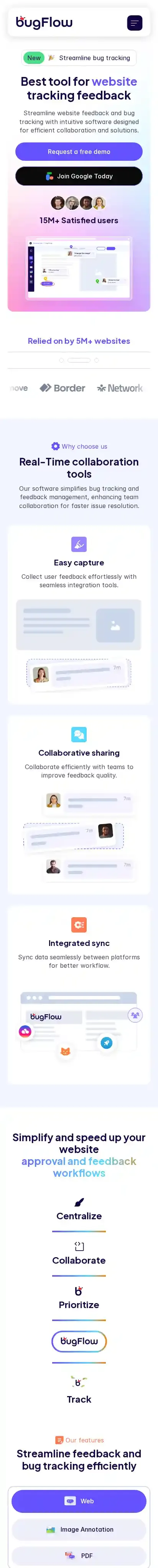 BugFlow home page on mobile