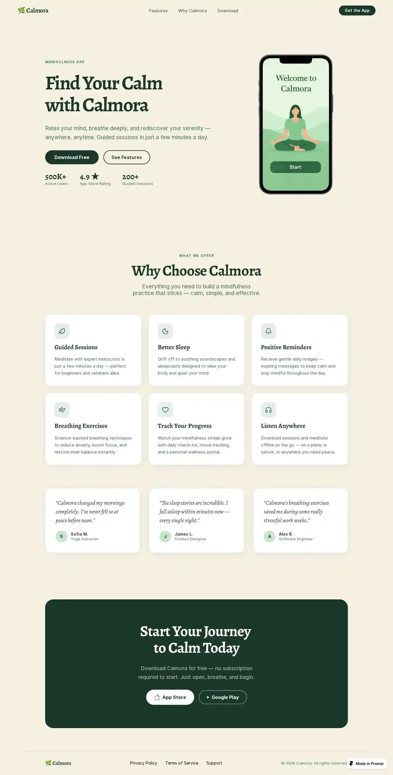 Calmora Meditation home page on desktop