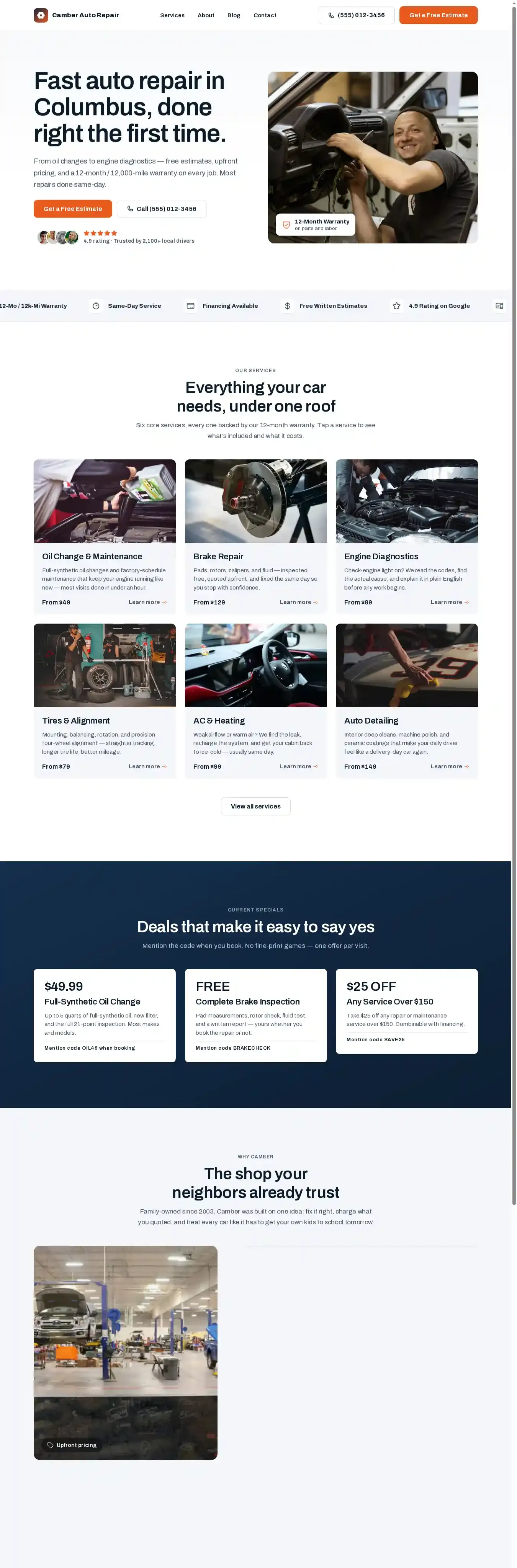 Camber Auto home page on desktop